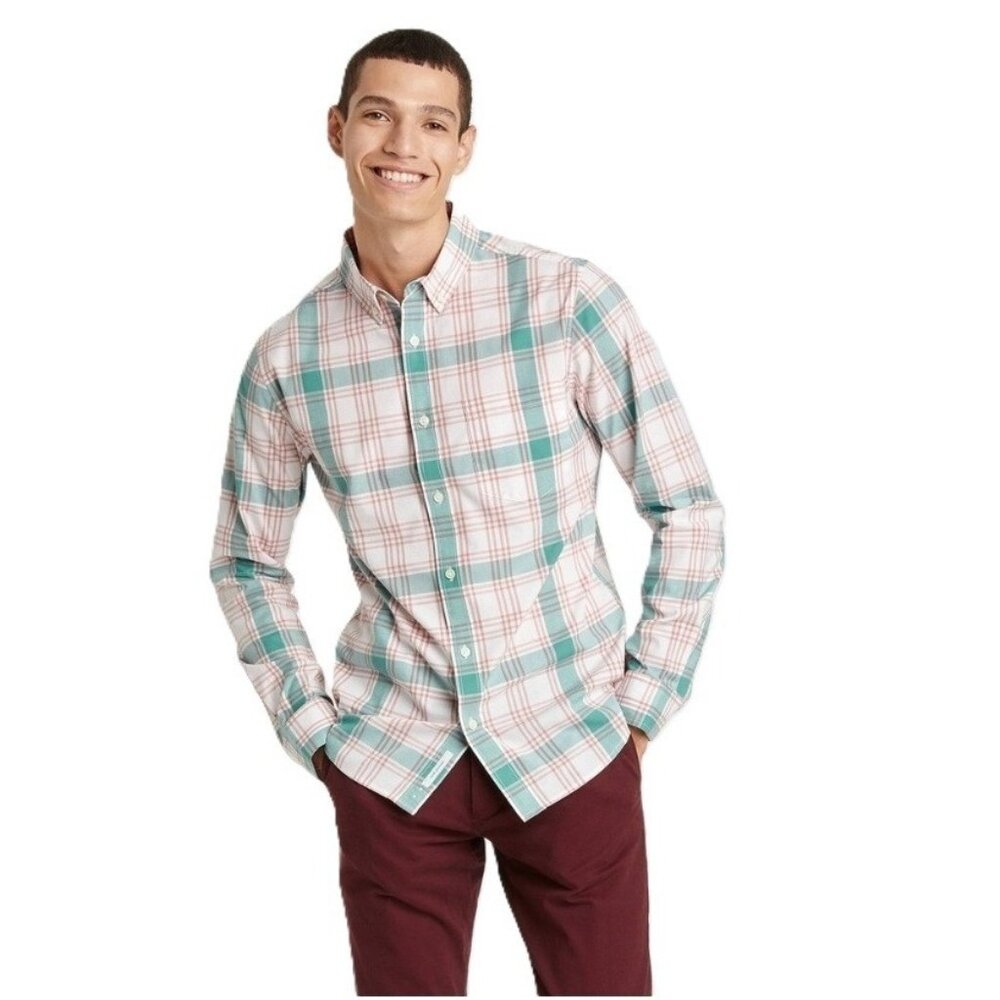Goodfellow Spring Green & Pink Plaid Button Up Slim Fit LS Shirt - Men XXL 50/52